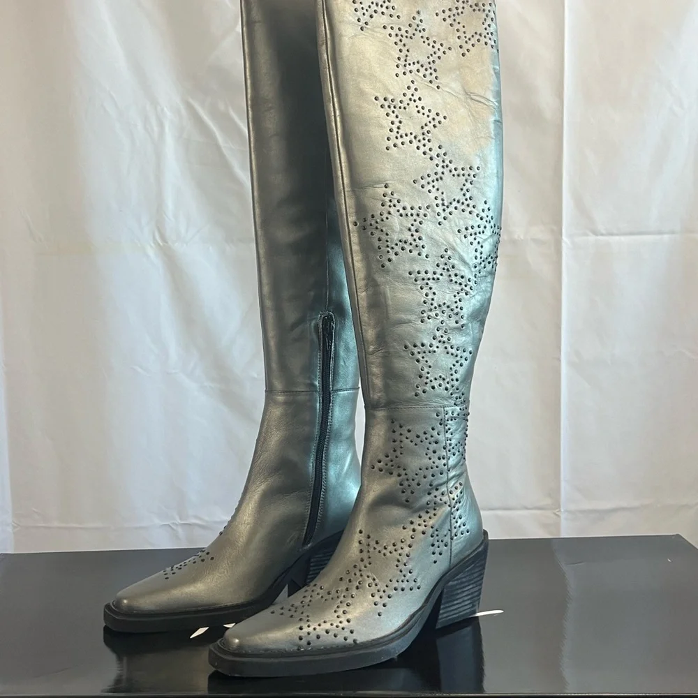 NASTY GAL, Genuine Leather, Gun Metal, Star studded Over the knee high Boots - Picture 12 of 14